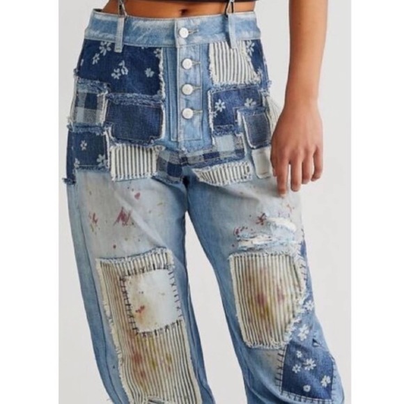NEW Free People We the Free Azalea Daisy destroyed patchwork jeans. 29 - Picture 3 of 12